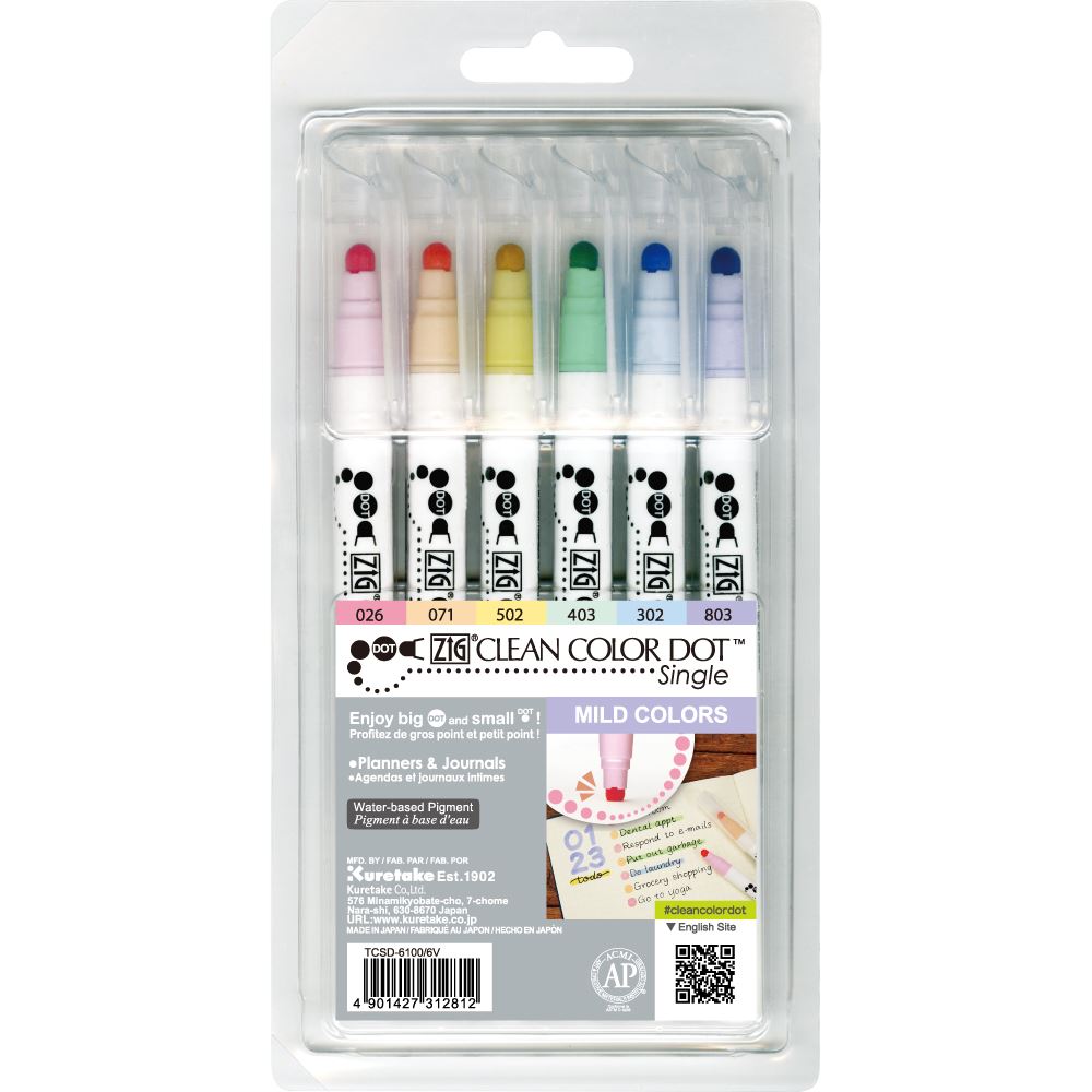 Kuretake Zig Clean Color Dot Pens Marker op waterbasis, enkele set van 6 milde rokerige kleuren (TCSD-6100/6VB Kuretake Zig Clean Color Dot Pens Marker op waterbasis, enkele set van 6 milde rokerige kleuren (TCSD-6100/6VB